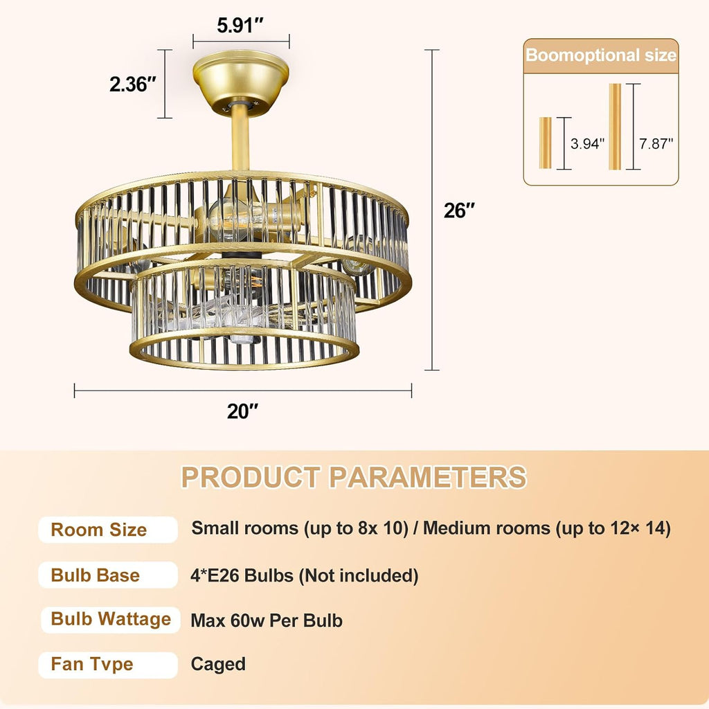 Depuley Bedroom Ceiling Fan with Lights: 20' Gold Chandelier Cagd Fan with Remote Control - Modern Crystal Fandelier for Girl's Bedroom Living Room Nursery (E26 Bulbs Not Included)
