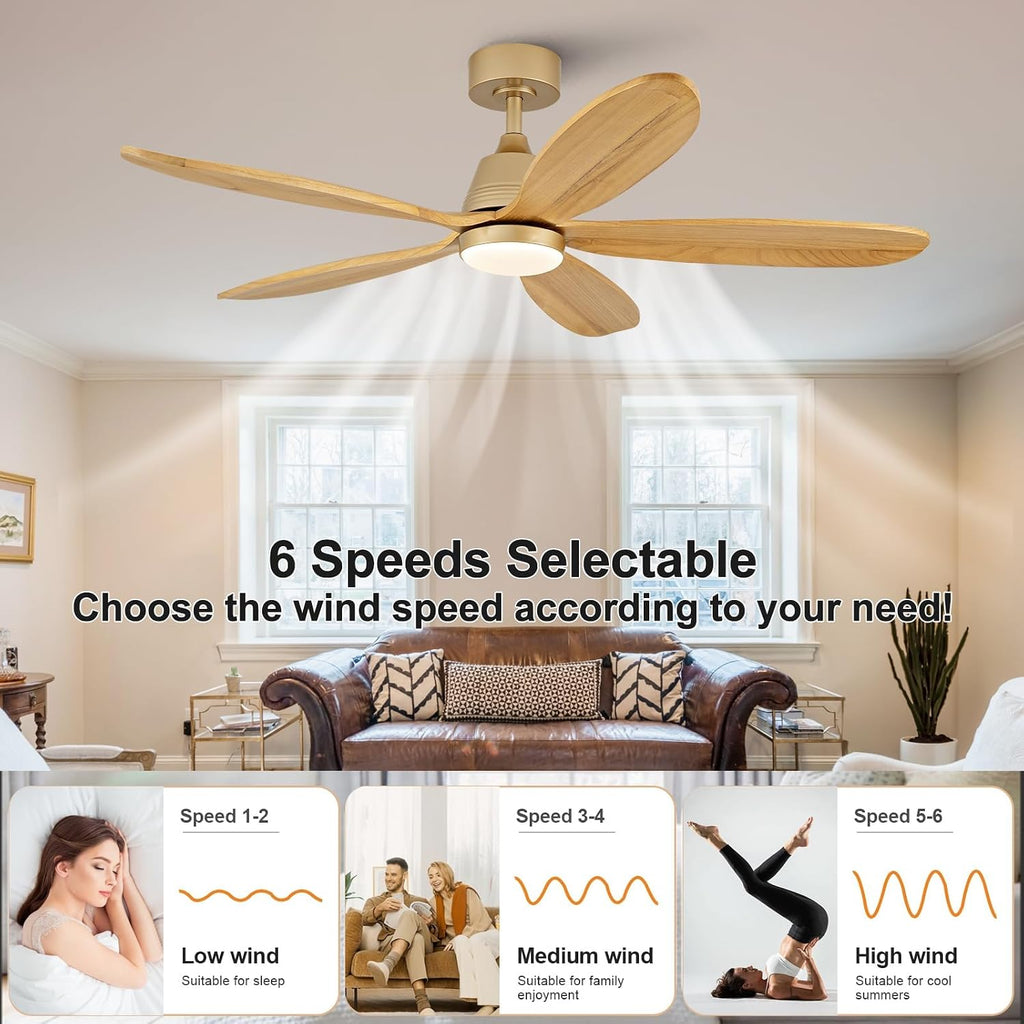 48 Inch Ceiling Fans with Lights and Remote, Modern Indoor Outdoor Ceiling Fan with Light for Patio Bedroom, Dimmable, 5 Wood Blades, Wall Switch, Reversible DC Motor, Memory Function (Gold)