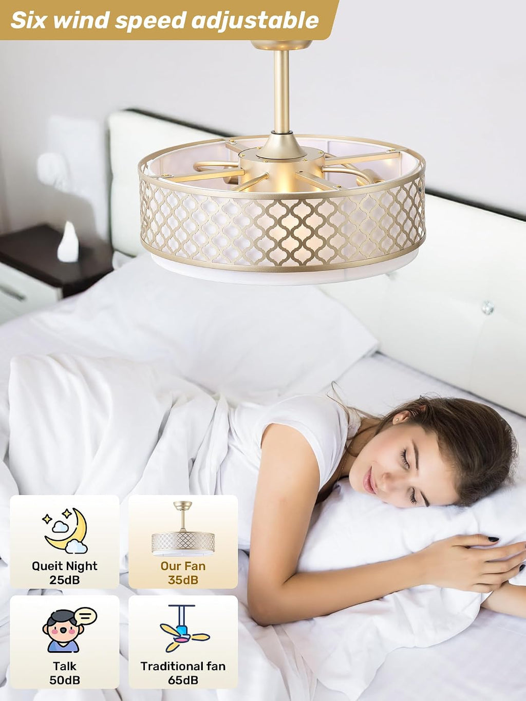 20' Gold Fandelier Ceiling Fan with Lights, Caged Boho Ceiling Fan with Light Remote Control, Rattan with 6 Speeds for Bedroom, Nursery, Living Room