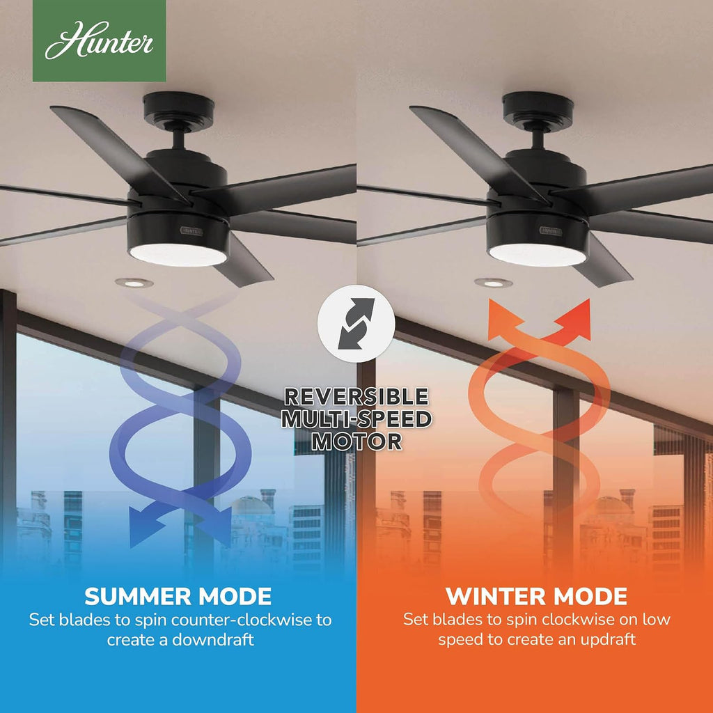 Hunter 60 inch Outdoor or Indoor Ceiling Fan with LED Light - Black Ceiling Fan with Wall Control, For Patio, Garage, or Porch, Quiet, Standard Mount, 6 Blades - Solaria 59624, Matte Black