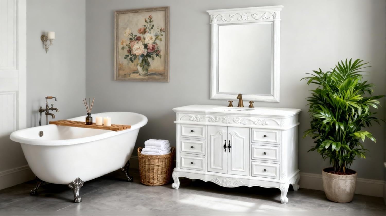 48' Antique White Marble Beckham Bathroom Sink Vanity & Mirror SW3882W-AW-48MIR