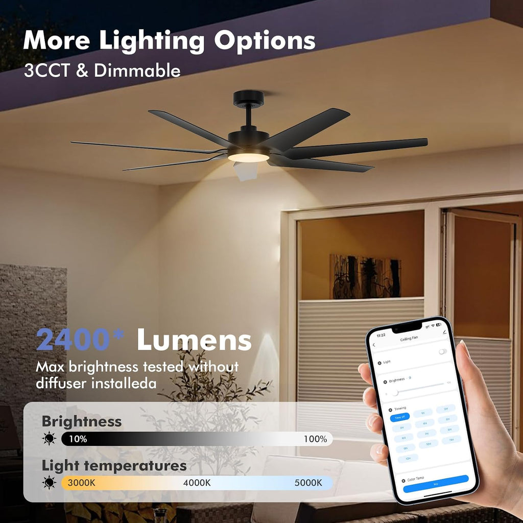 65 Inch All-Weather Outdoor Ceiling Fan with Light and Remote wet-rated, High CFM, Smart Alexa/App Control Energy Efficient & Quiet DC Motor, 7 Large Black Waterproof Blade for Patio, Porch, Garage