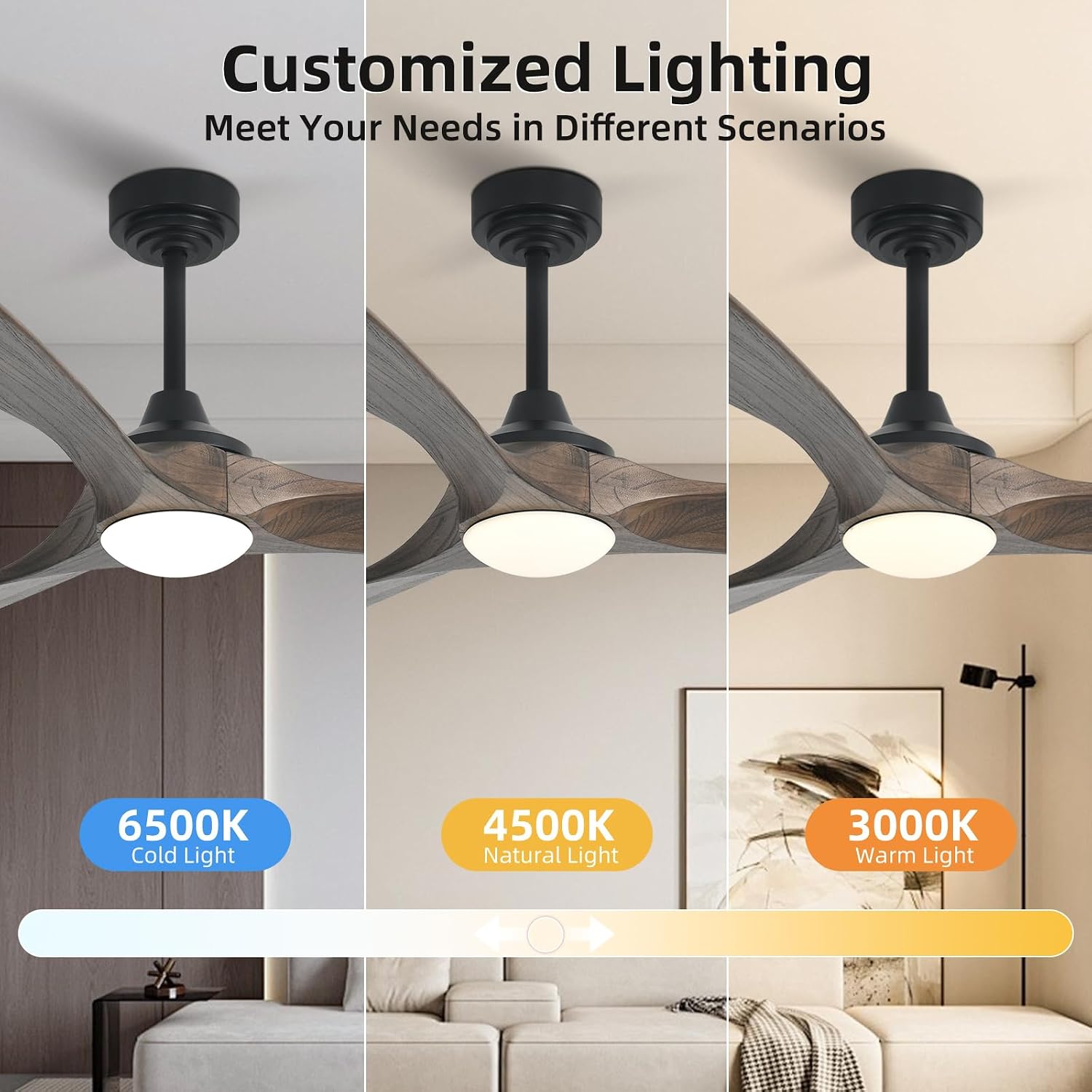 60' Outdoor Ceiling Fan with Light 3 Downrods, Smart Wood Ceiling Fan Compatible with Alexa/Google/App, 3 Blades Modern Walnut Wood Ceiling Fans for Kitchen Living Room Patio,Dark Brown