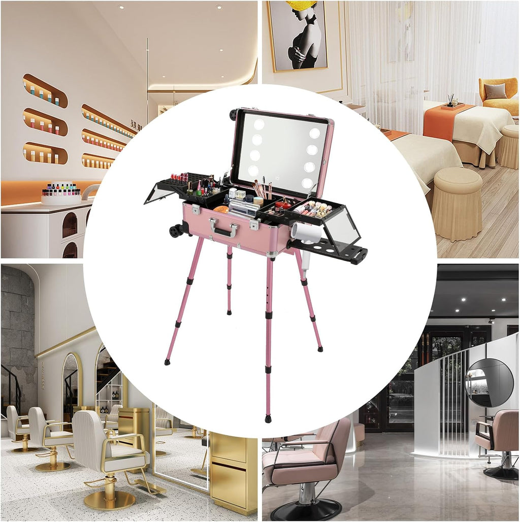 Aluminum Trolley Makeup Train Case with LED Light & Mirror,Professional Travel Cosmetic Organizer Box with Retractable Legs, Rolling Lighted Makeup Vanity Station for Salon Barber (Pink)