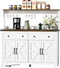 VVFLU Hutch Storage Cabinet Buffet with Drawers, and Charging Station, Coffee Bar Cabinet with Barn Doors, Wine Rack and Hooks, Countertop, Long Farmhouse, White, for Kitchen, Dining Room, 54.1' High