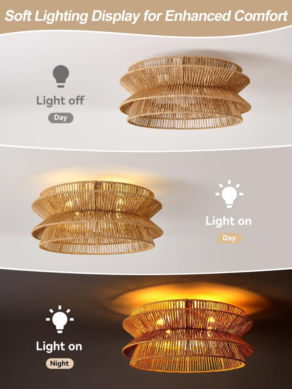 Boho Ceiling Fan with Light, 20'' Coastal Caged Ceiling Fans with Lights and Remote Control, Rattan Flush Mount Fandelier with Reversible 6 Speeds, Low Profile for Bedroom Living Room Dining Room