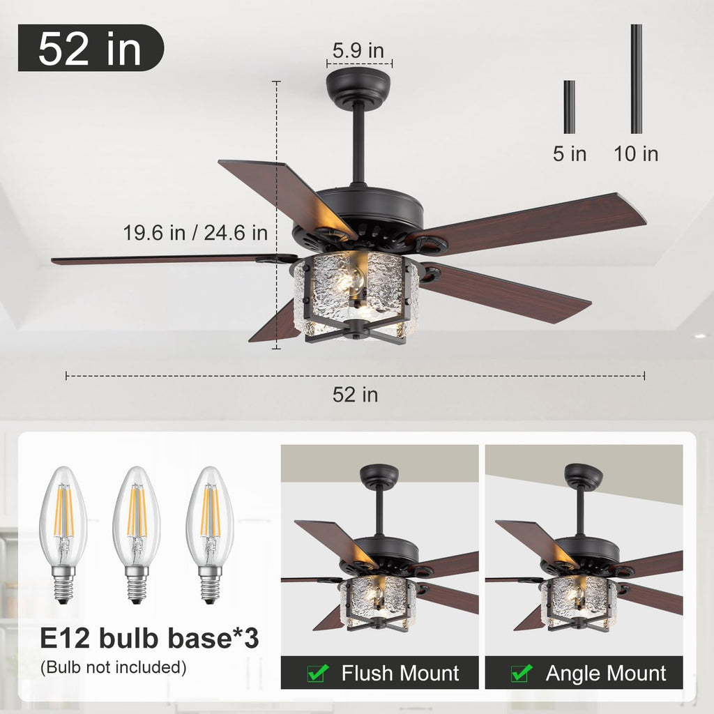 52 Inch Modern Farmhouse Ceiling Fan with Light Kit & Remote, Ultra Quiet DC Motor, Reversible 5-Blade Design, Antique Light Fixture, Dual Downrod for Low/High Ceilings - Vintage Black