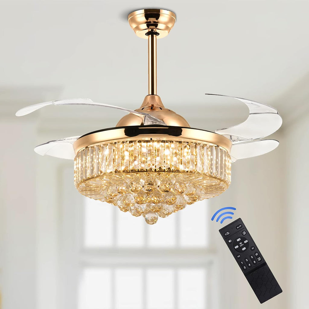 42 Inch Crystal Ceiling Fan with Light and Remote Modern Gold Dimmable Fandelier Invisible Retractable Chandelier Fan for Bedroom Living Room Dining Room