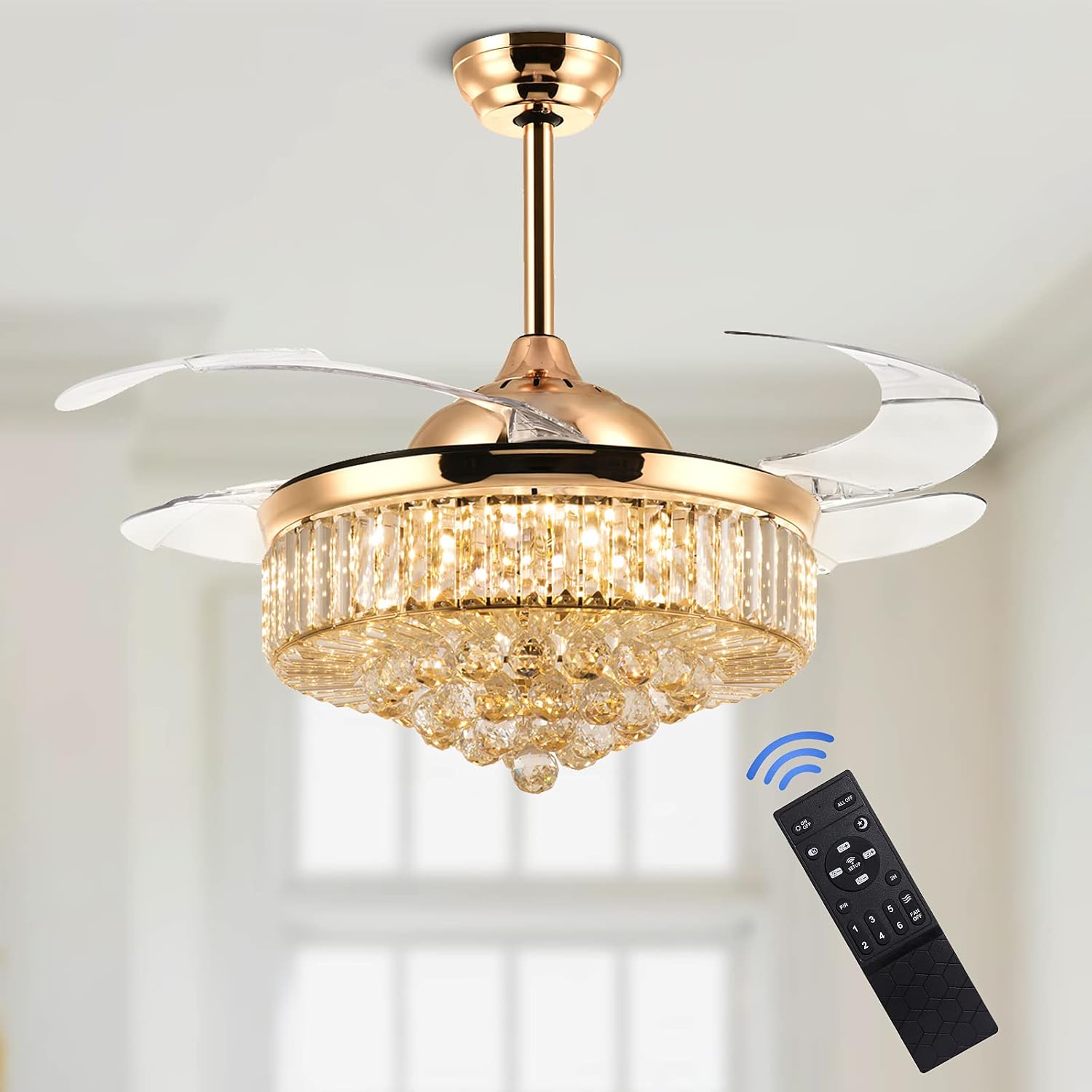 42 Inch Crystal Ceiling Fan with Light and Remote Modern Gold Dimmable Fandelier Invisible Retractable Chandelier Fan for Bedroom Living Room Dining Room