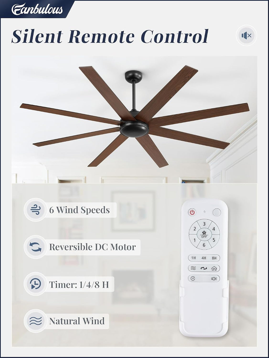 Fanbulous 72 Inch Ceiling Fans No Light with Remote, Black Indoor/Outdoor Ceiling Fan Without Light with Quiet Reversible DC Motor, 6 Speeds, 8 Blades Large Ceiling Fan for Living Room Bedroom Patio