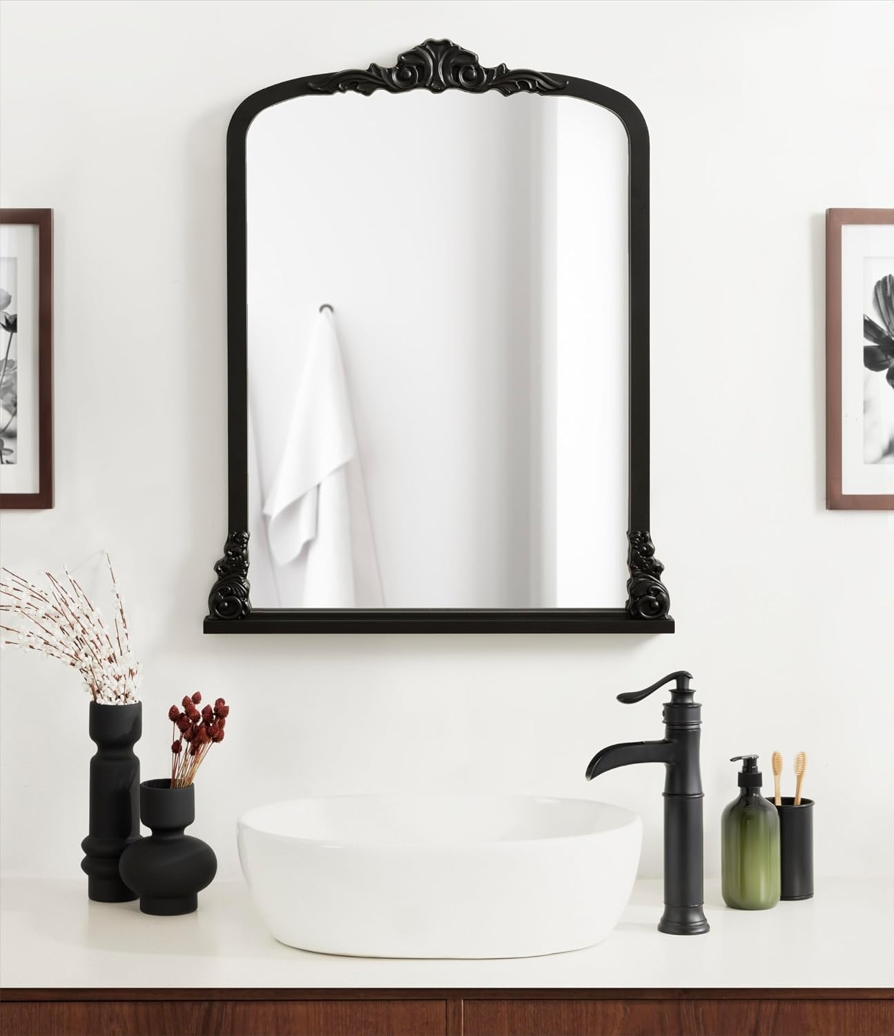 Kate and Laurel Barberry Vintage Decorative Tall Arched Mirror, 28 x 35, Black, Large Antique Statement Arch Mirror for Mantel Mirror or Bathroom Mirror for Over Sink