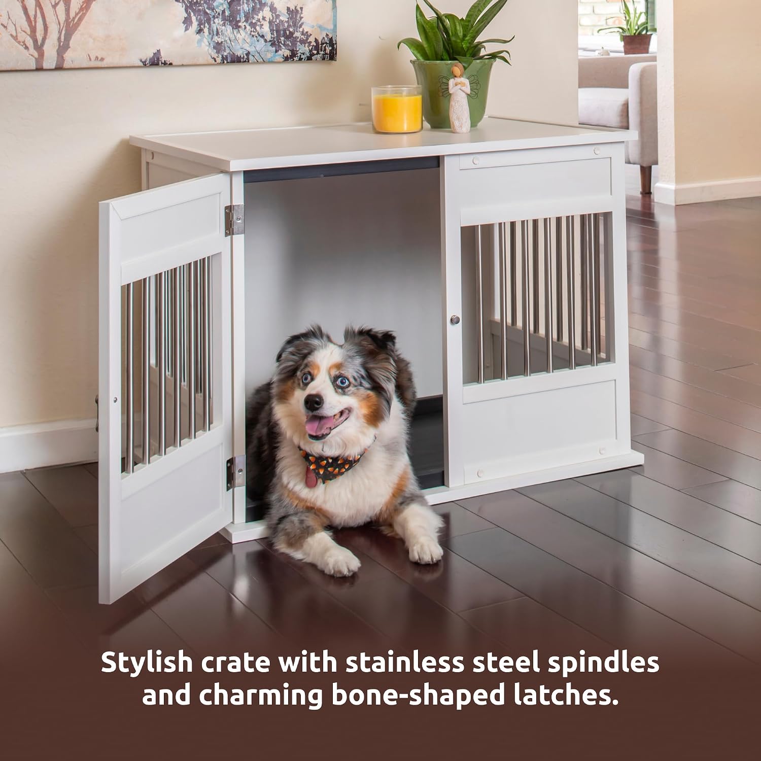 New Age Pet ECOFLEX Horizon Dog Crate & End Table, Modern Slatted Indoor Dog Kennel for Medium, Large & XL Dogs, Durable Composite, Antique White, Medium