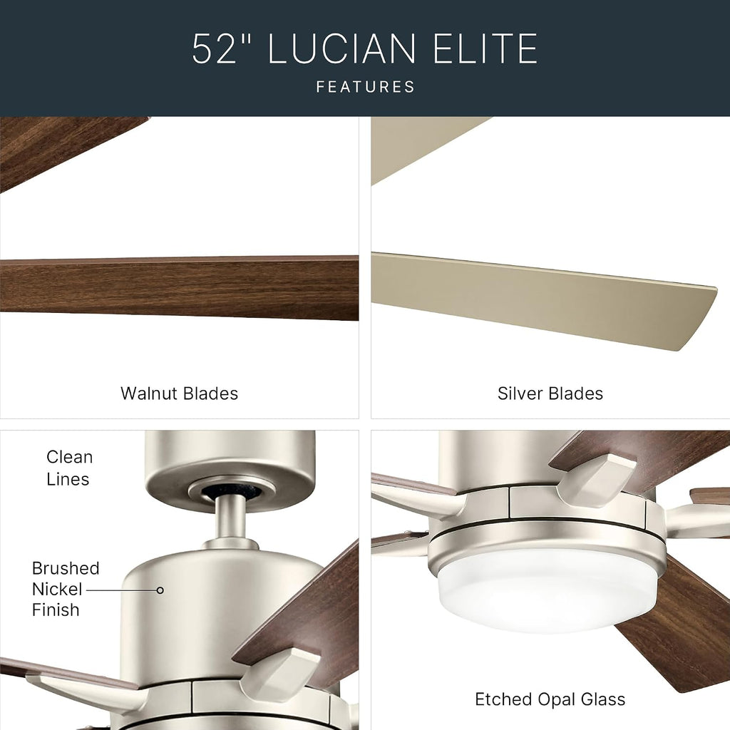 KICHLER 330000NI Protruding Mount, 5 Silver/Walnut Blades Ceiling fan with 73 watts light, Brushed Nickel