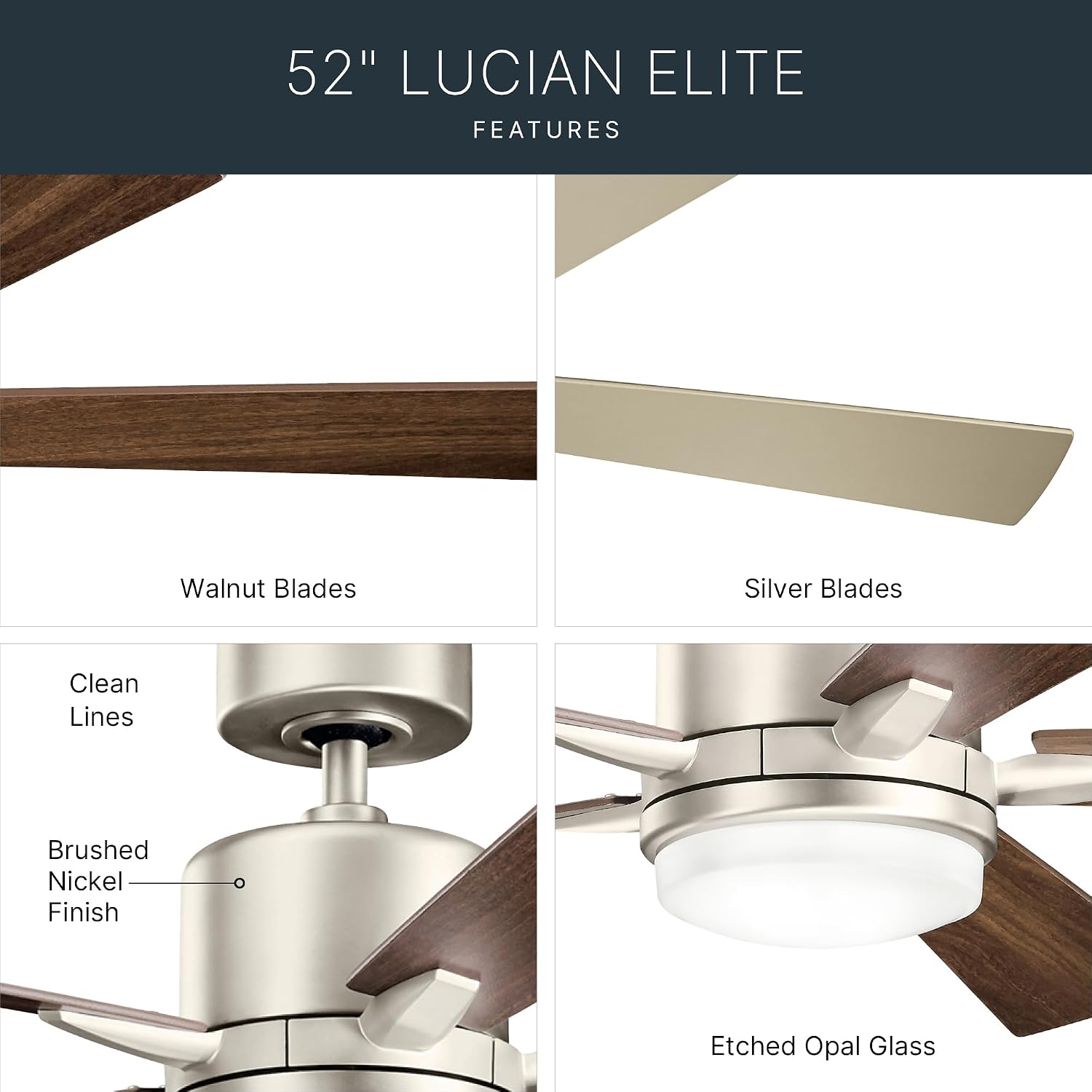 KICHLER 330000NI Protruding Mount, 5 Silver/Walnut Blades Ceiling fan with 73 watts light, Brushed Nickel