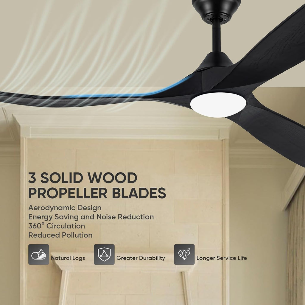 70 Inch Smart Outdoor Ceiling Fans for Patios with Light, Large Black Modern Low Profile Ceiling Fan with Remote Control, 3 Blade Wood Propeller Dc Ceiling Fan for Indoor Outside Porch Gazebo