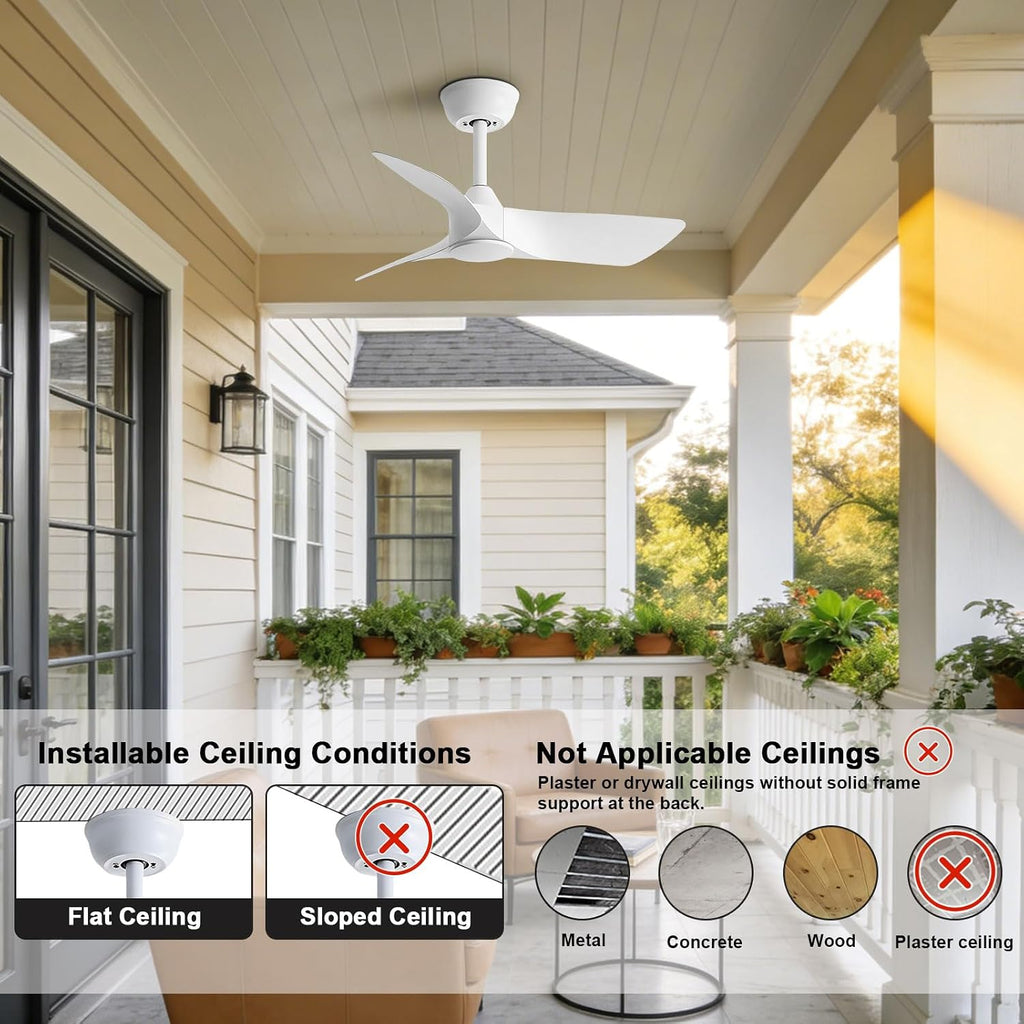 30 Inch White Small Ceiling Fan No Light with Remote 6 speeds | 30 inch quiet ceiling fan no light. 6 speeds, reversible DC motor, timer for small room, bedroom, kitchen, covered patio