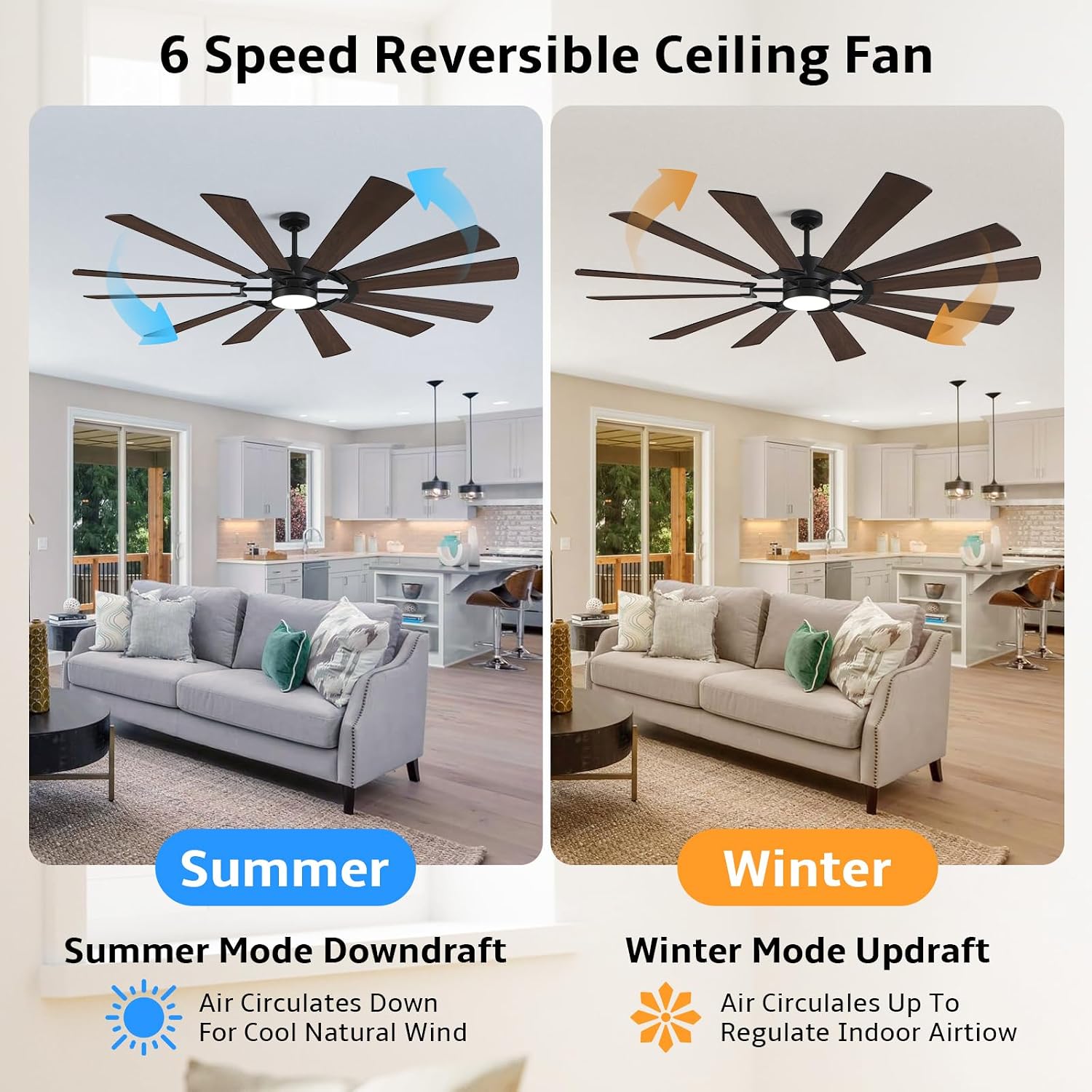 72'' Farmhouse Ceiling Fan with Light,12 Dual-Finish Wind Mill Blades, 3 Downrods, 6-Speed Reversible DC Motor, High CFM, 3CCT, Indoor Outdoor Industrial Fan for Patio Commercial Shop Garage