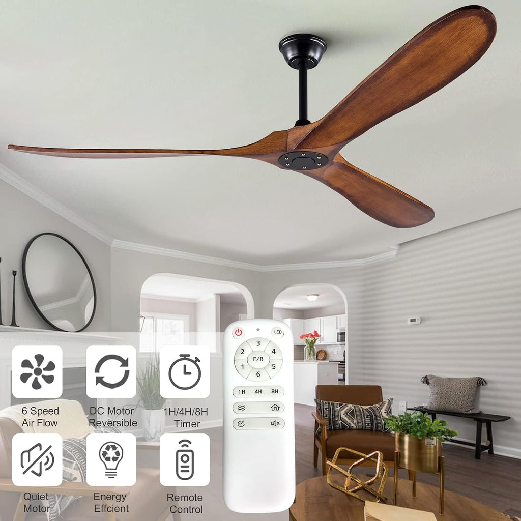 KBZZ 72 inch Outdoor Ceiling Fan without Light, Ceiling fans with 3 Solid Wood Blades and Remote Control, Modern Ceiling Fans no Lights for Patios Living Room Farmhouse