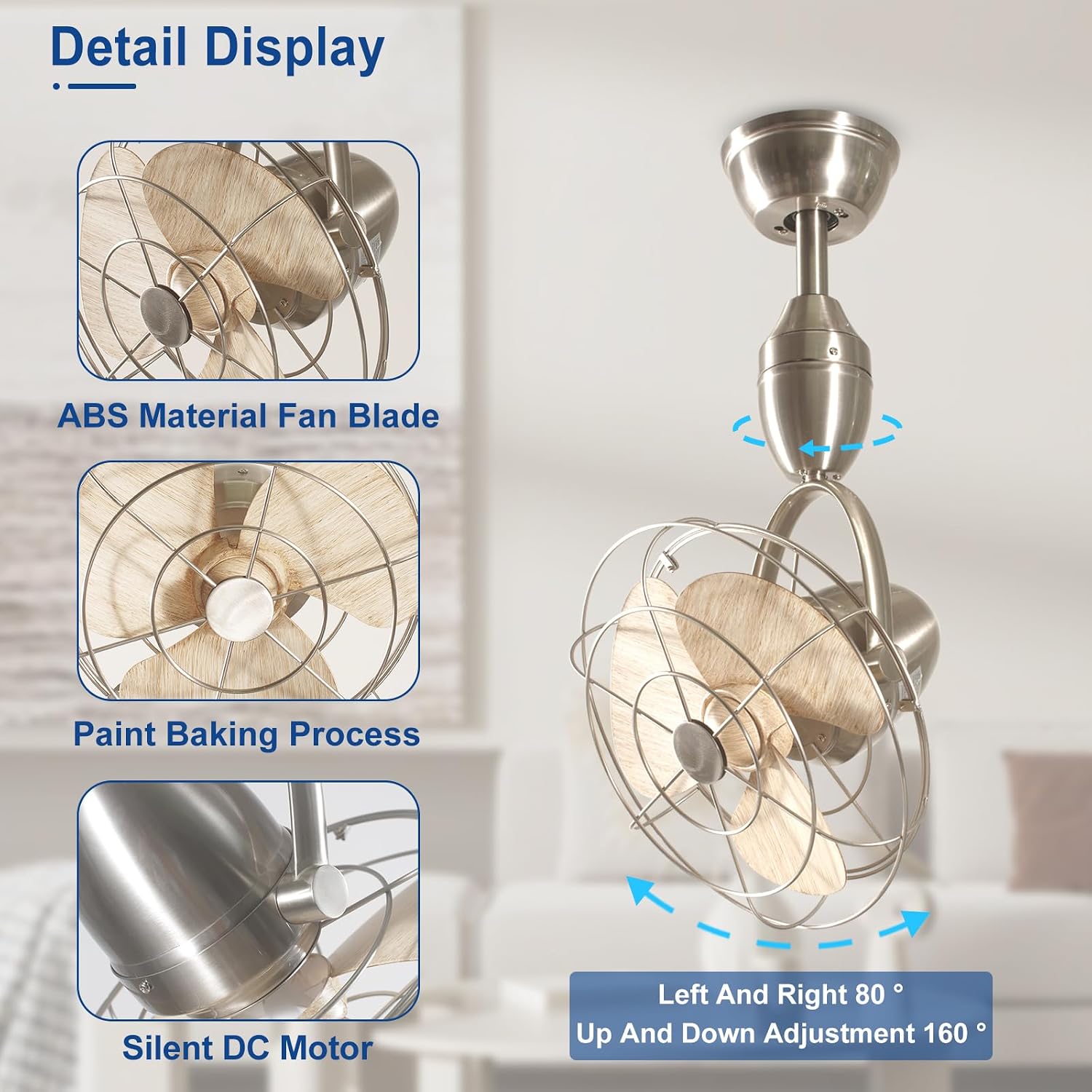 Depuley Oscillating Ceiling Fan with Remote: Nickel and Wood Wall Mount Fan Ceiling for Patio - Caged Outdoor Wall Fan for Indoor Bedroom Kitchen - 80° Oscillation 100° Adjustable