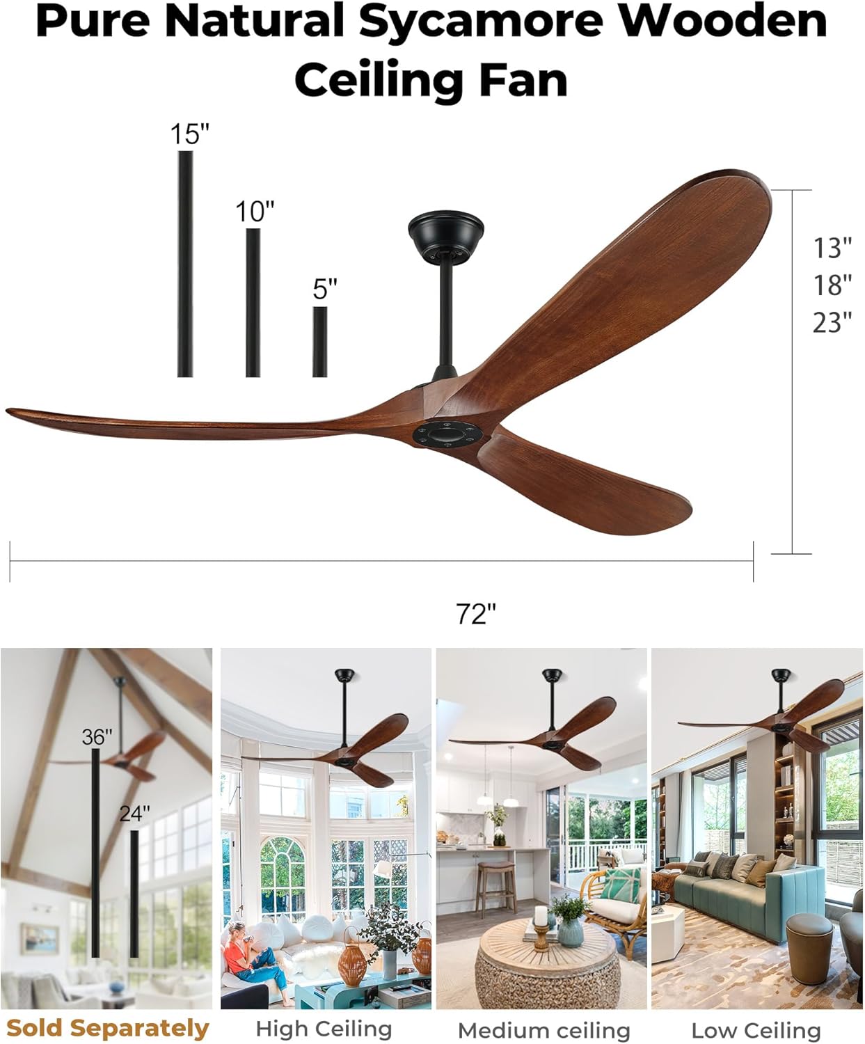 72' Ceiling Fans Without Lights, 72 inch Ceiling Fan No Light, High CFM Quiet 3 Blade Wood Walnut Ceiling Fan, Large Modern Outdoor Fan with Remote, Propeller Outdoor Ceiling Fans for Patios
