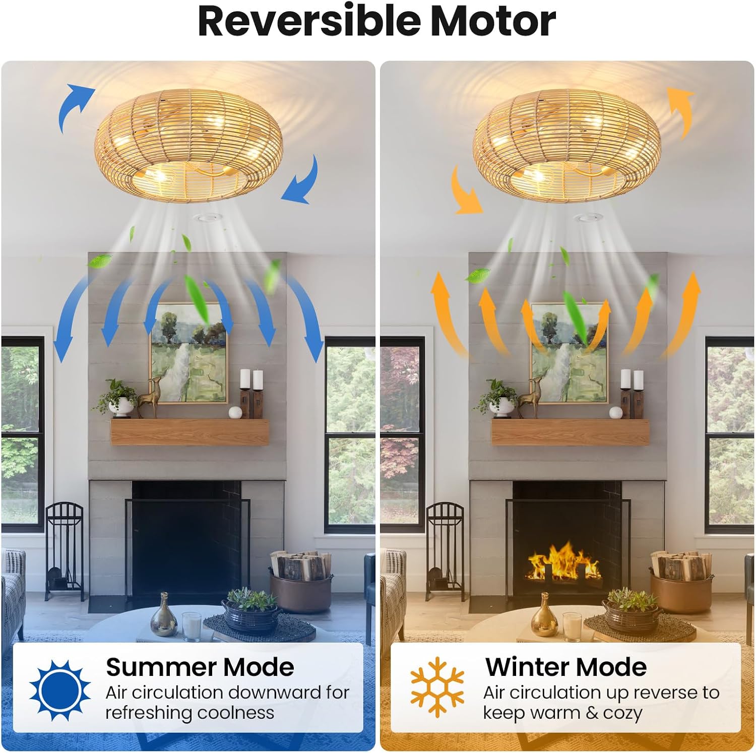 AIJIASI 20' Boho Ceiling Fan with Light and Remote, Rattan Caged Ceiling Fan with Light 6 Speeds Flush Mount Fandelier Ceiling Fan for Bedroom Living Room (4*E26 Base)