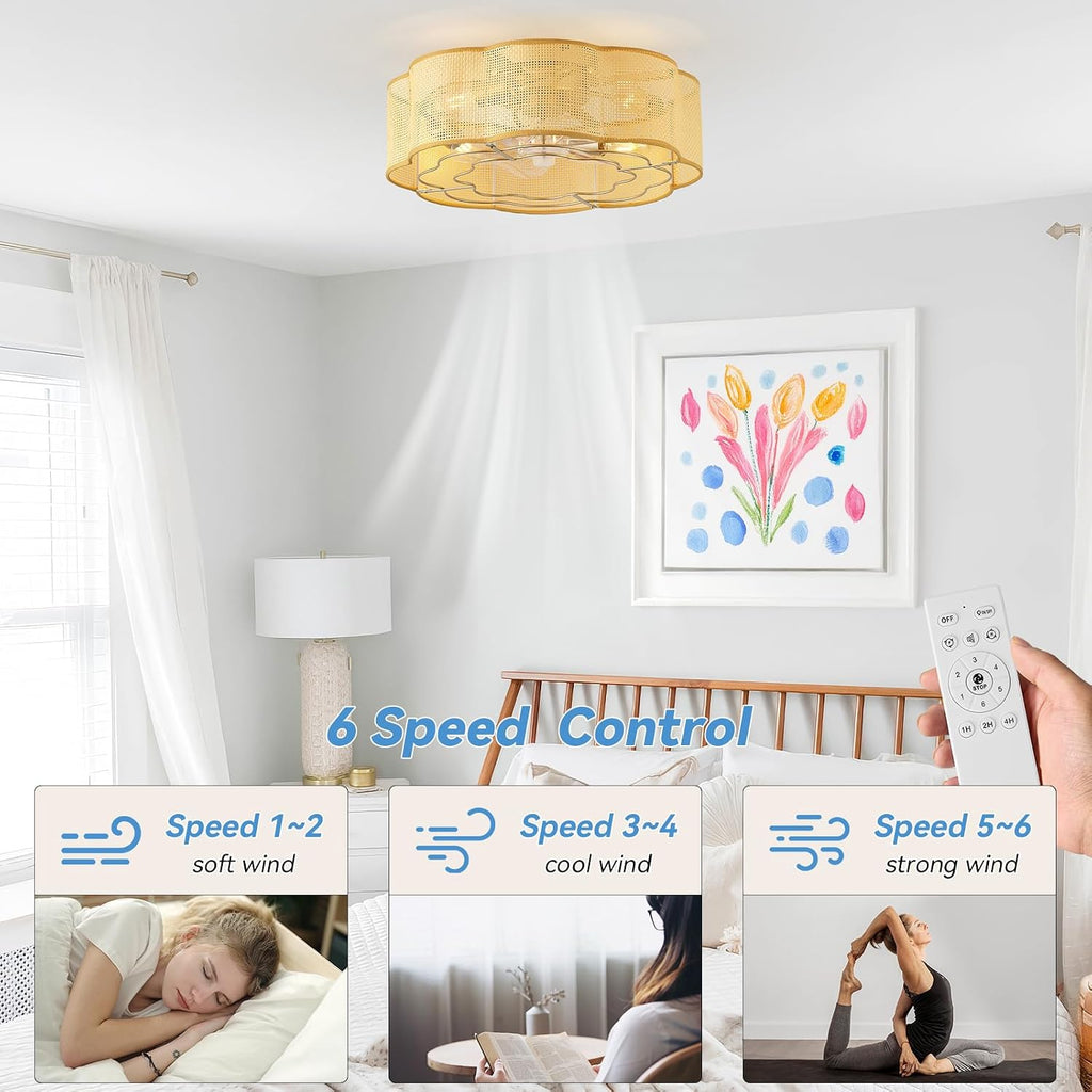 20' Low Profile Ceiling Fan with Light, Caged Flush Mount Ceiling Fan with Light Remote Control, Boho Bladeless with 6 Speeds for Bedroom, Nursery, Living Room.