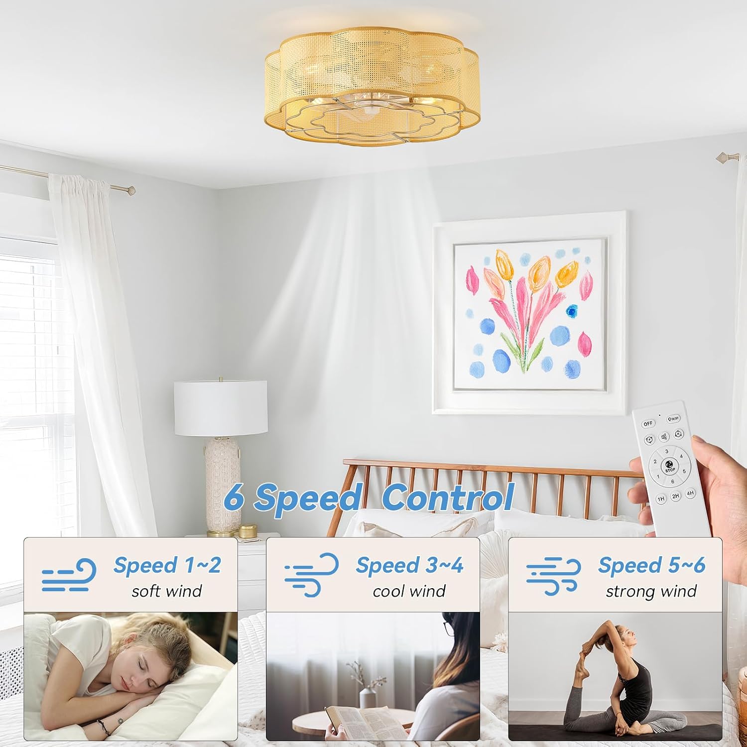 20' Low Profile Ceiling Fan with Light, Caged Flush Mount Ceiling Fan with Light Remote Control, Boho Bladeless with 6 Speeds for Bedroom, Nursery, Living Room.