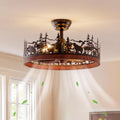Farmhouse Rustic Ceiling Fan with Light and Remote, 21.7' Flush Mount Enclosed Bladeless Black Chandelier Fan with Forest and Bear, Reversible Fandelier Ceiling Fan for Living Room Bedroom
