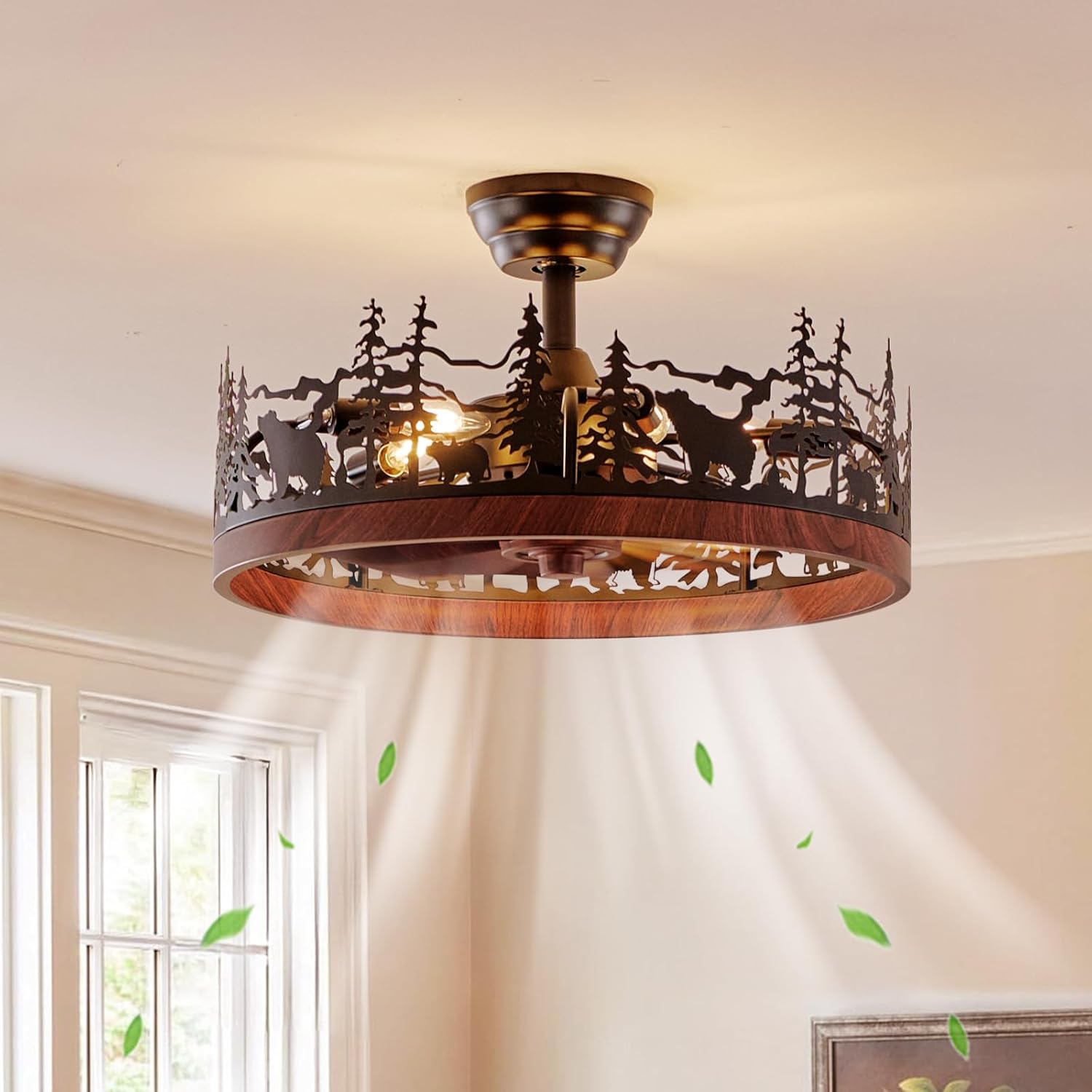 Farmhouse Rustic Ceiling Fan with Light and Remote, 21.7' Flush Mount Enclosed Bladeless Black Chandelier Fan with Forest and Bear, Reversible Fandelier Ceiling Fan for Living Room Bedroom