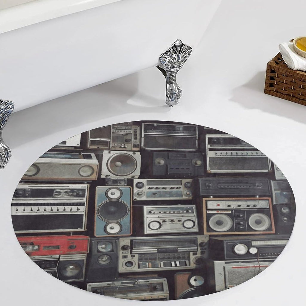 Vintage Wall of Radio Boombox Coral Velvet Round Floor Mat Non-Slip Bath Rug Floor Covering for Bathroom Vanity Guest Suite & Vacation Home