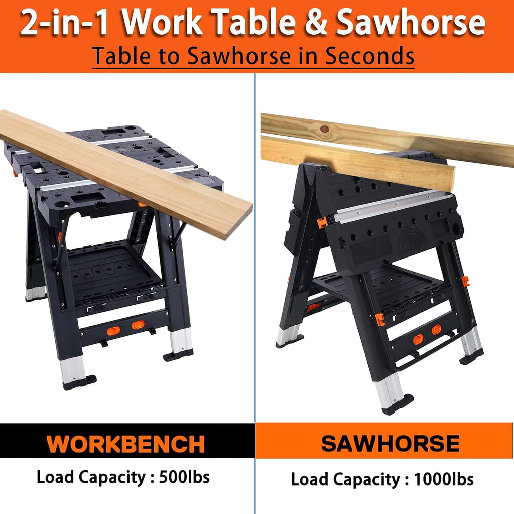 2-in-1 Folding Work Table & Sawhorse, Portable Workbench for Garage with Adjustable Height, Heavy-Duty Load Capacity (500 lbs Table/1000 lbs Sawhorse), Includes 2 Clamps, Gifts for Woodworking