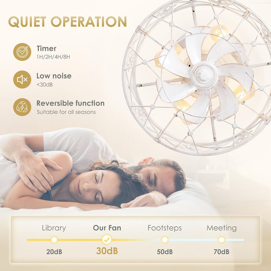 ZYD Caged Ceiling Fans with Light, 20' Ceiling Fans with Lights and Remote Flush Mount, Bladeless Caged Ceiling Fan with Light, Rust White Farmhouse Ceiling Fan for Bedroom, Kitchen, Dining Room