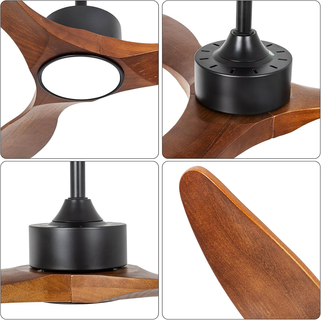 52 Inch Brown Wood Ceiling Fan with Light and Remote, 6 Speed and Reversible DC Motor, 3 Blade Low Profile Flush Mount Mordern Wood Ceiling Fans for Living Room Bedroom Outdoor Patio