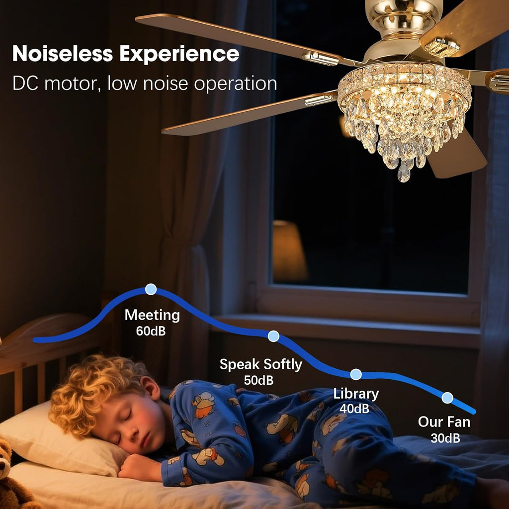 52' Crystal Ceiling Fans with RGB Lights, Remote/App Control, Luxury Fandelier Ceiling Fan Flush Mount, Reversible DC Motor, Dimmable, Bedroom Chandelier Fan, (Gold)
