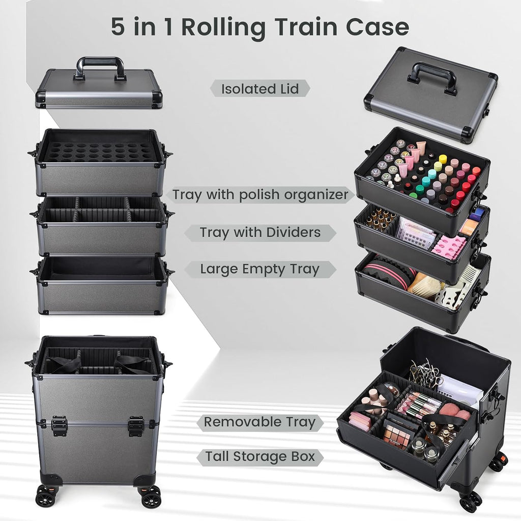 Yueieoun 5 in 1 Makeup Train Case, Cosmetology Case on Wheels Travel Make up Case Rolling Nail Cart Makeup Organizer Cosmetic Storage Box Cases Extra Large Trolley Truck, 360° Swivel Wheels, Ashy Grey