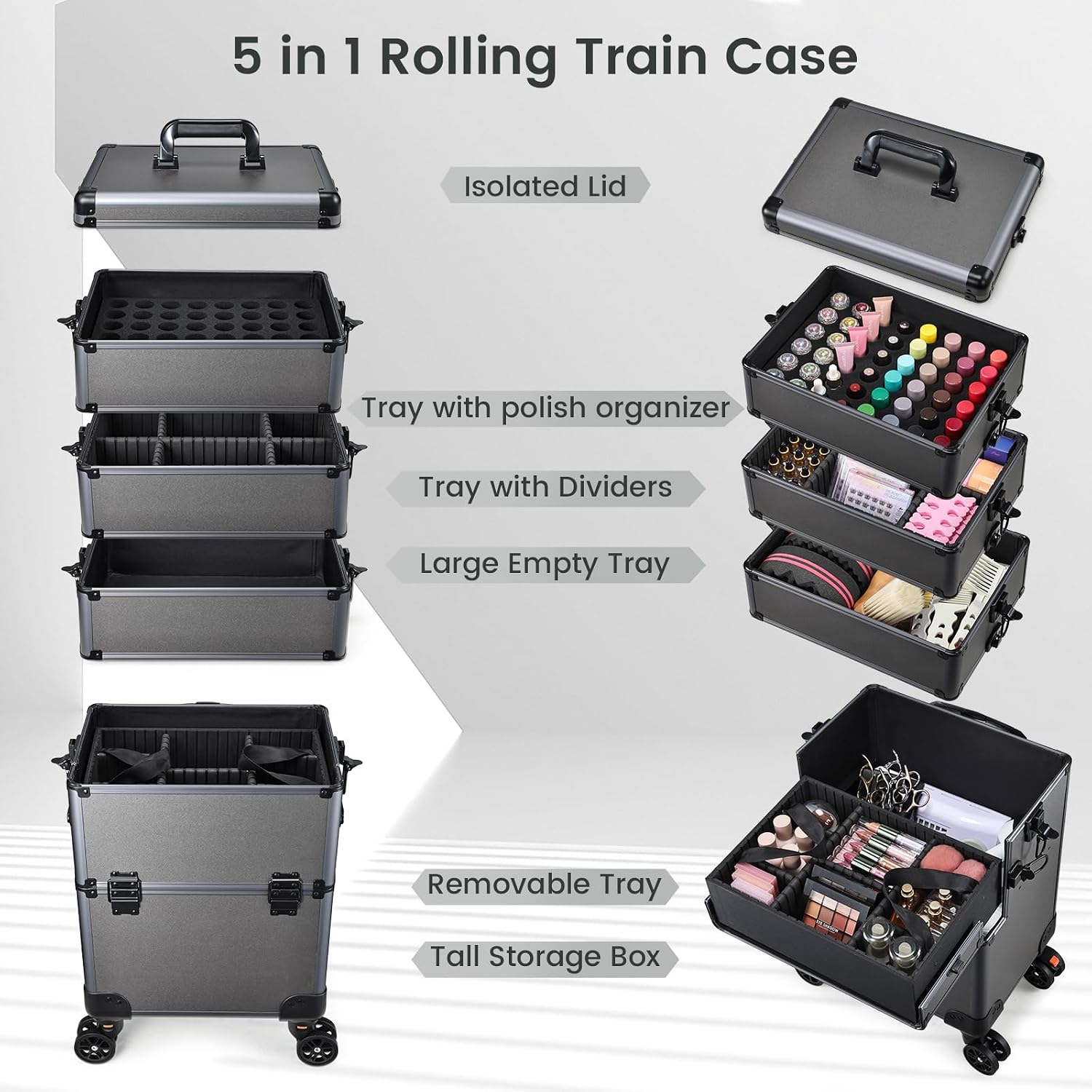 Yueieoun 5 in 1 Makeup Train Case, Cosmetology Case on Wheels Travel Make up Case Rolling Nail Cart Makeup Organizer Cosmetic Storage Box Cases Extra Large Trolley Truck, 360° Swivel Wheels, Ashy Grey
