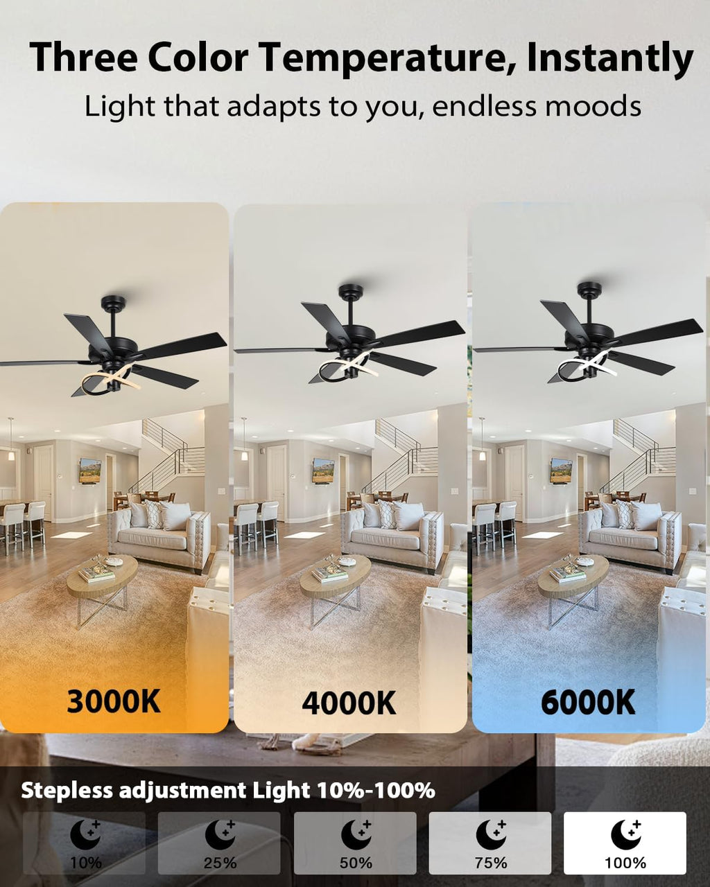 52 Inch Ceiling Fans with Lights and Remote - Creative Black Modern Ceiling Fan, 3CCT, 6 Speeds, Quiet, Dual-Sided Reversible 5 Blades Indoor Outdoor Chandelier Fan for Bedroom Living Room