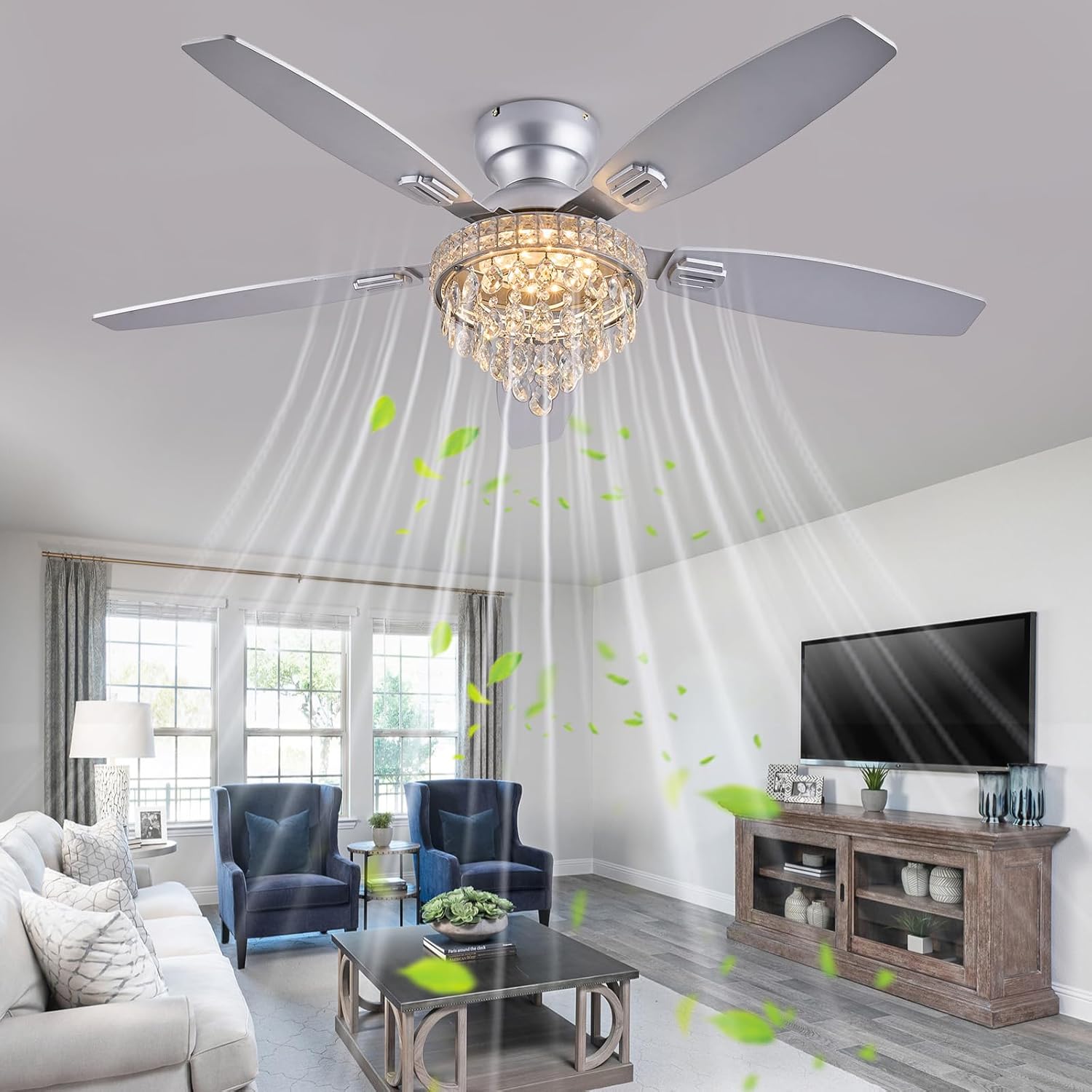 Crystal Ceiling Fan Fandelier with Lights-Ceiling Fans with Lights,54' Low Profile and Remote Control, Flush Mount, Reversible, Dimmable, Noiseless, Sliver Ceiling Fan for Bedroom
