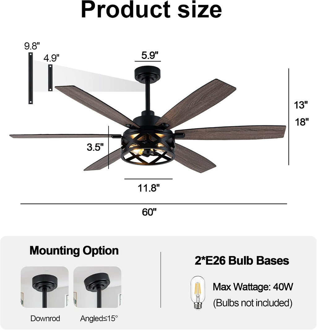 60' Farmhouse Ceiling Fan with Lights and Remote, Large Rustic Ceiling Fan Industrial Caged Fandelier Chandelier Light, Quiet DC Motor 6 Speed 6 Reversible Blades for Living Room Bedroom