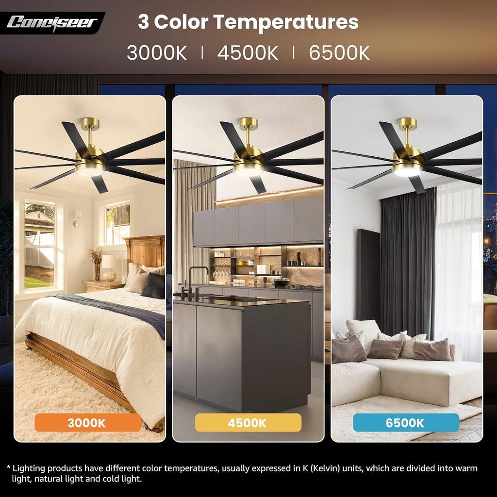 Conciseer 72 Inch Ceiling Fans with Lights and Remote for Living Room Kitchen Library Cafe Outdoor/Industrial Use, 3CCT Dimmable, Dual Color 8 Blades 6 Speed Reversible Quiet DC Motor, Gold/Black