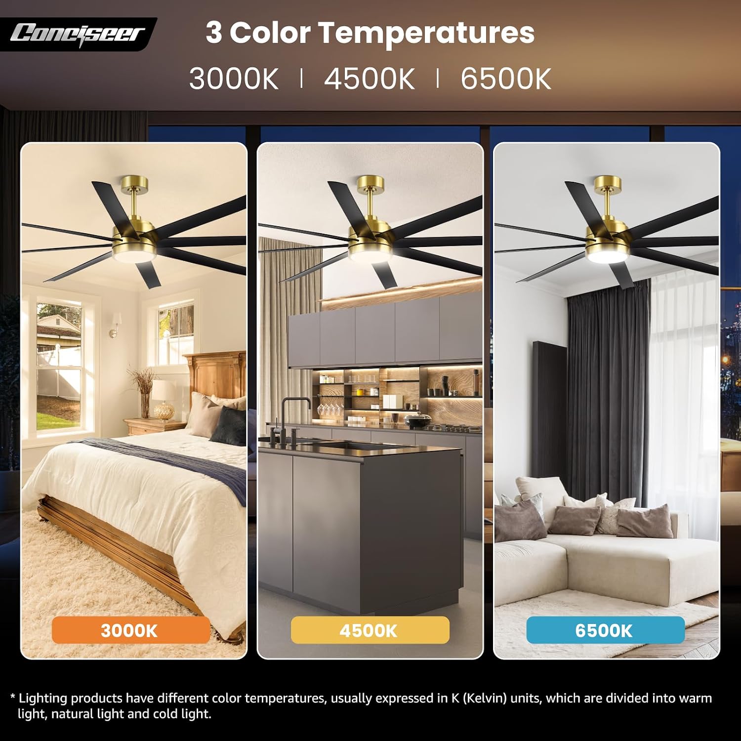 Conciseer 72 Inch Ceiling Fans with Lights and Remote for Living Room Kitchen Library Cafe Outdoor/Industrial Use, 3CCT Dimmable, Dual Color 8 Blades 6 Speed Reversible Quiet DC Motor, Gold/Black