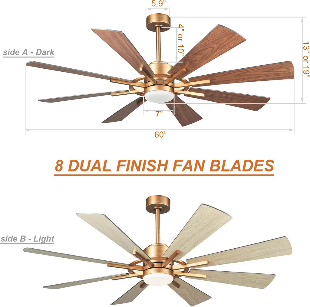 60 Inch Gold Ceiling Fans with Lights and Remote, Modern Large Outdoor Ceiling Fans for Patios, Quiet Reversible DC Motor, 6 Speeds, 3CCT, Timer, Chandelier Ceiling Fan for Living Room Bedroom