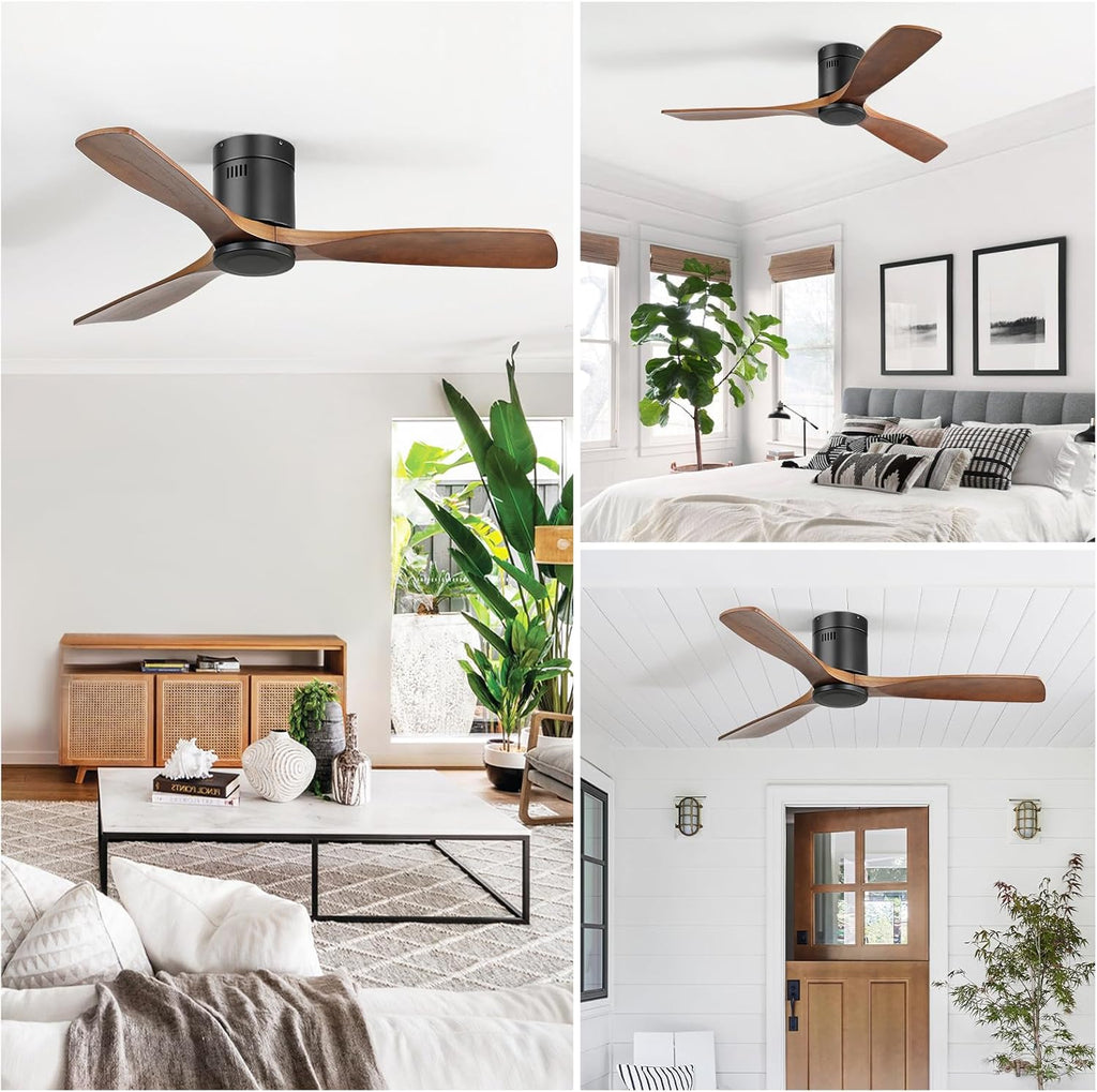 CACI Mall 52 Inch Solid Wood Ceiling Fan without Light, Flush Mount, 3 Blade, Low Profile, Modern, Outdoor/Indoor Ceiling Fans No Light for Bedroom/Farmhouse/Patio