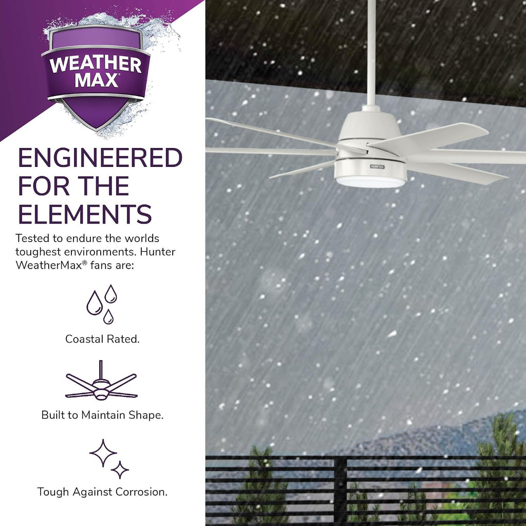 Hunter 60 inch Outdoor or Indoor Ceiling Fan with LED Light - White Ceiling Fan with Wall Control, For Patio, Garage, or Porch, Quiet, Standard Mount, 6 Blades - Skysail 52370, Fresh White