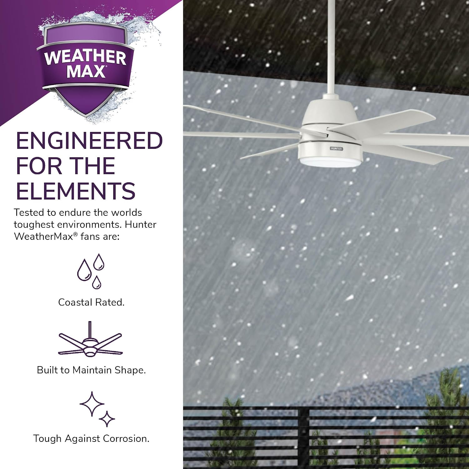 Hunter 60 inch Outdoor or Indoor Ceiling Fan with LED Light - White Ceiling Fan with Wall Control, For Patio, Garage, or Porch, Quiet, Standard Mount, 6 Blades - Skysail 52370, Fresh White
