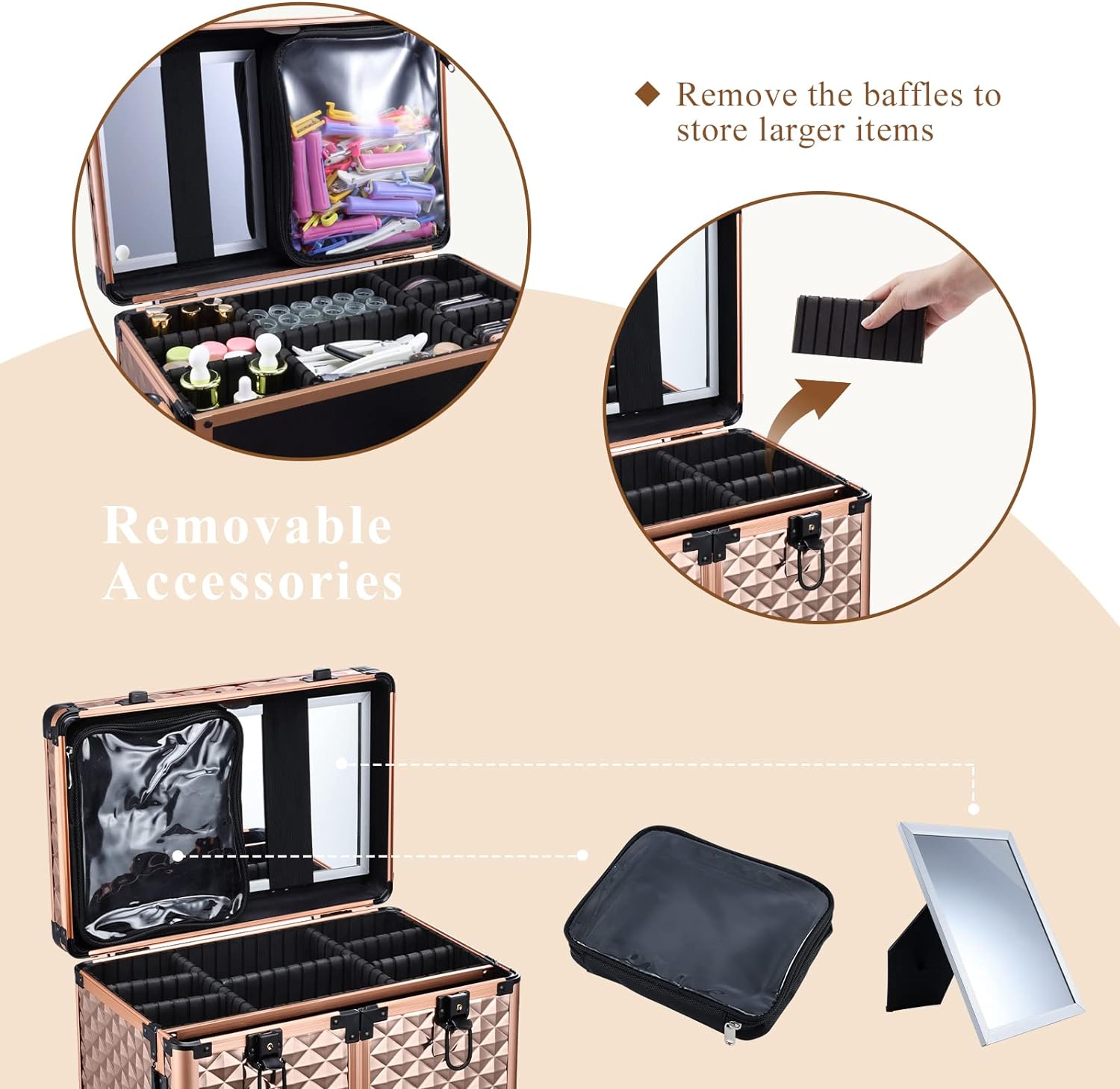 Professional Makeup Artist Rolling Train Case Multi-functional Cosmetic Train Case Large Trolley Storage Case for Nail Technicians Cosmetology Case for Hairstylist Rose Gold