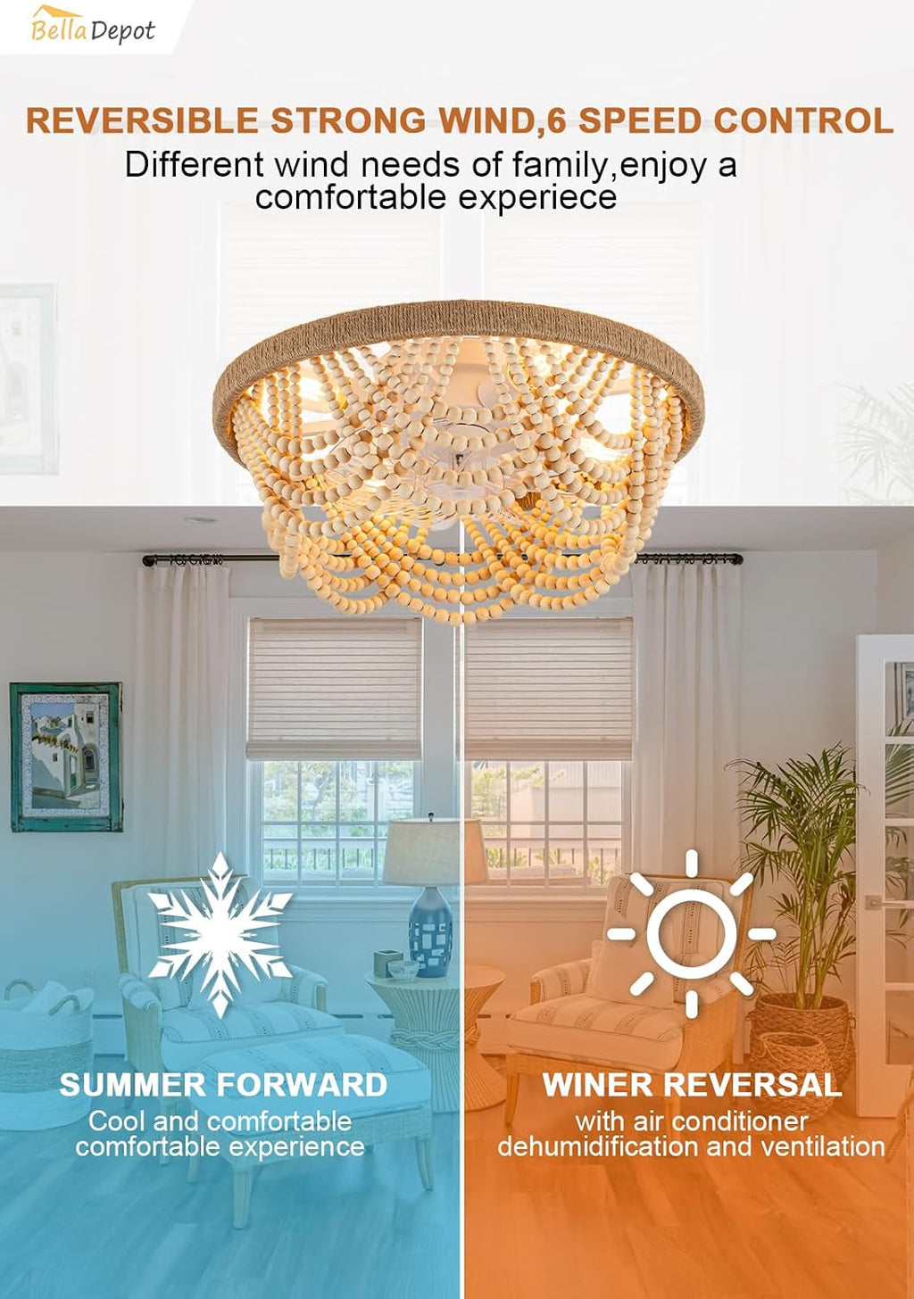 Bella Depot 20' Boho Ceiling Fan with Light, Flush Mount Wood Beaded Fandelier Chandelier Fan, 6 Speeds Reversible Bladeless Ceiling Fan for Bedroom Living Room Kitchen (Wood)