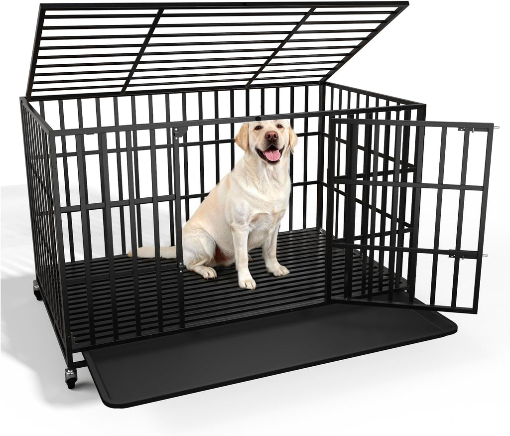 LEMBERI 48 Inch Heavy Duty Dog Crate, Indestructible Dog Kennel Indoor, Escape Proof Pet Cage for Large Dogs, High Anxiety Dog Crate with Double Door, Lockable Wheels & Removable Tray