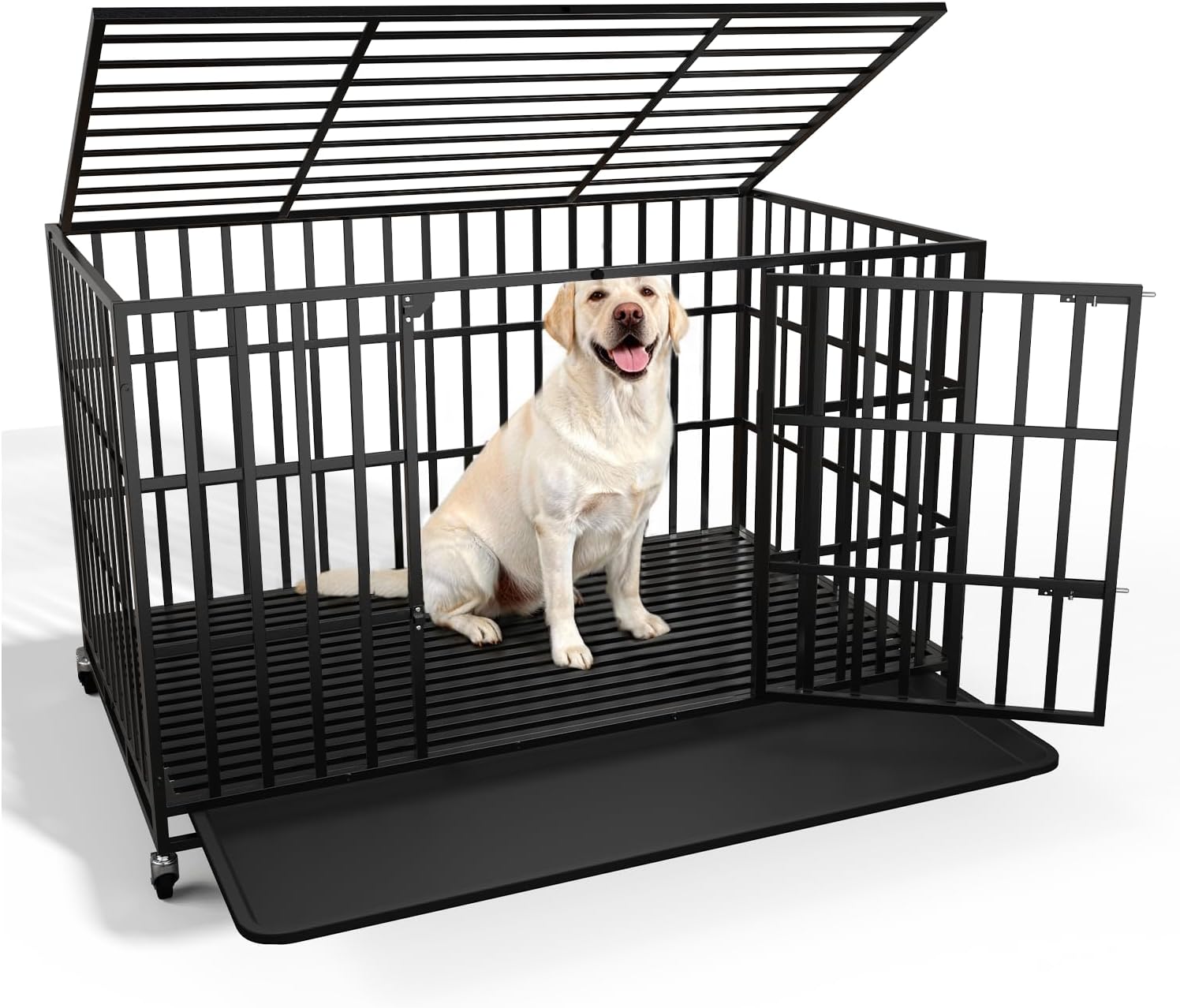 LEMBERI 48 Inch Heavy Duty Dog Crate, Indestructible Dog Kennel Indoor, Escape Proof Pet Cage for Large Dogs, High Anxiety Dog Crate with Double Door, Lockable Wheels & Removable Tray