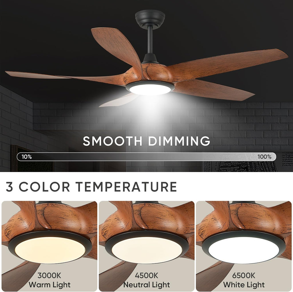 54'' Ceiling Fans with Lights, Indoor/Outdoor Modern Ceiling Fan with Remote, 5 ABS Blades, Reversible DC Motor, 6 Speeds, 3 Color Lights, ETL Listed, for Bedroom Living Room (Walnut)
